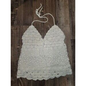 Newport News Womens Small Crochet Halter Top With Lining Natural Color Tie Neck